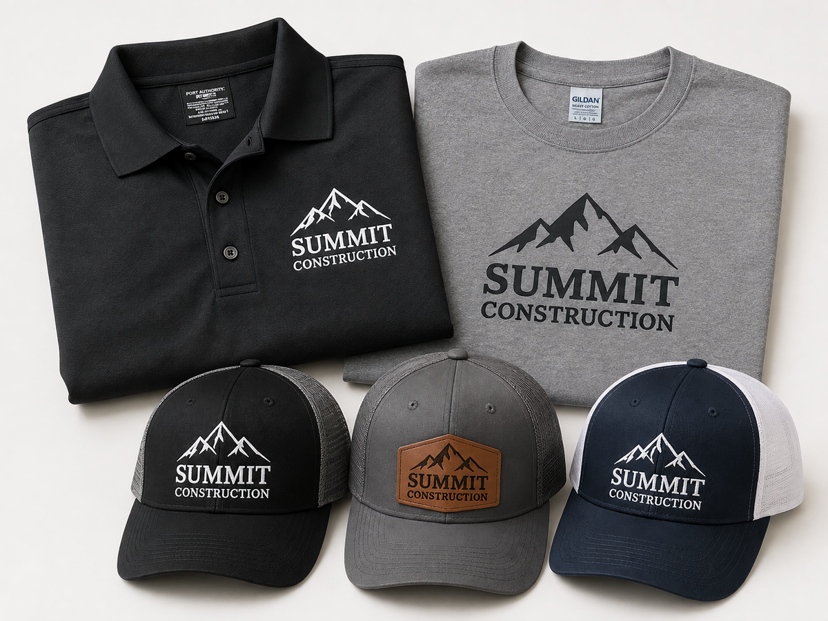 Black Port Authority polo, gray Gildan t-shirt, and three custom embroidered Summit Construction hats arranged as a branded apparel bundle.