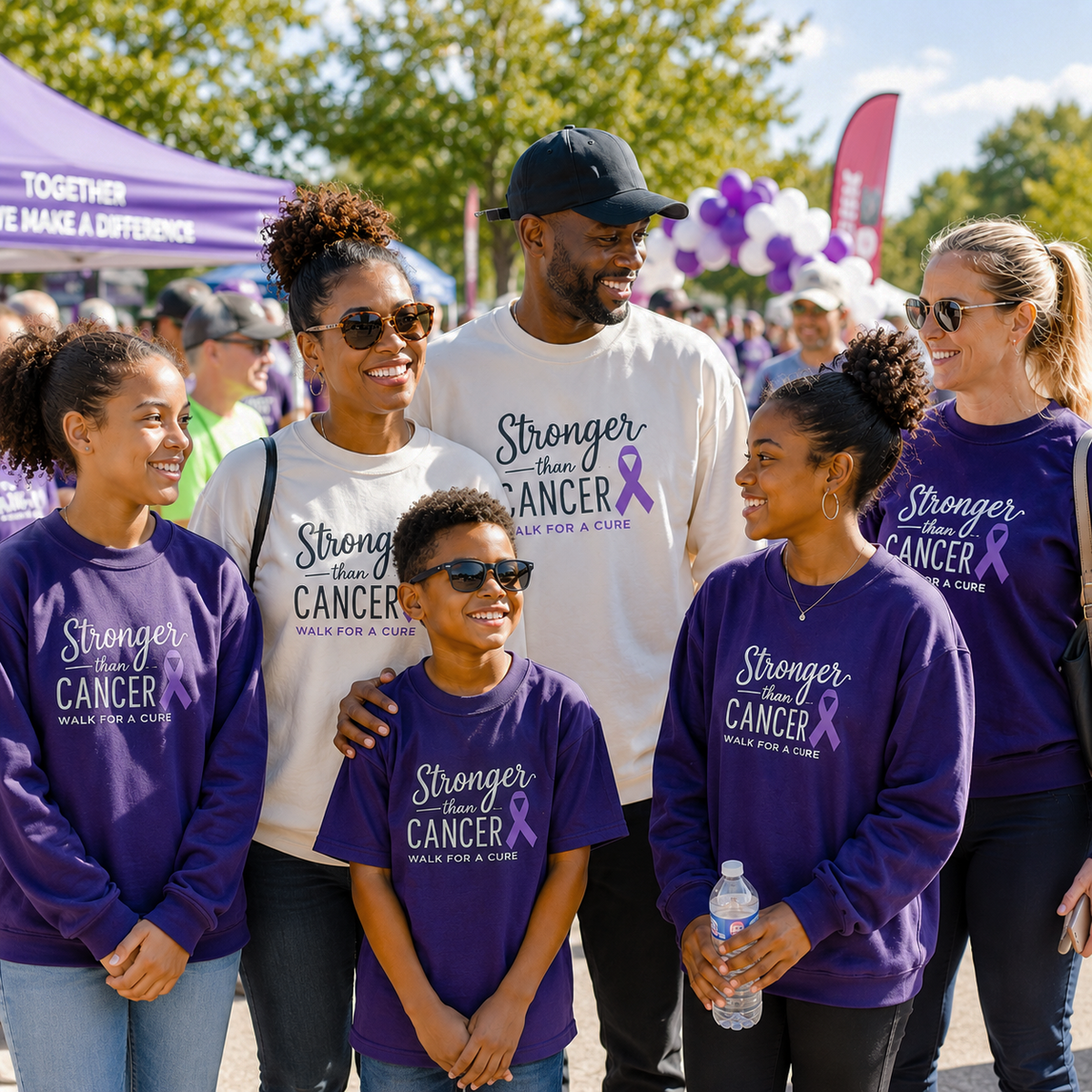 Group of adults and children wearing matching purple and white Stronger Than Cancer custom printed sweatshirts and t-shirts at a fundraiser walk event.