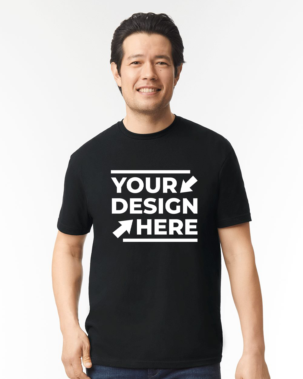 Smiling man wearing a black custom t-shirt mockup with white Your Design Here print across the chest.