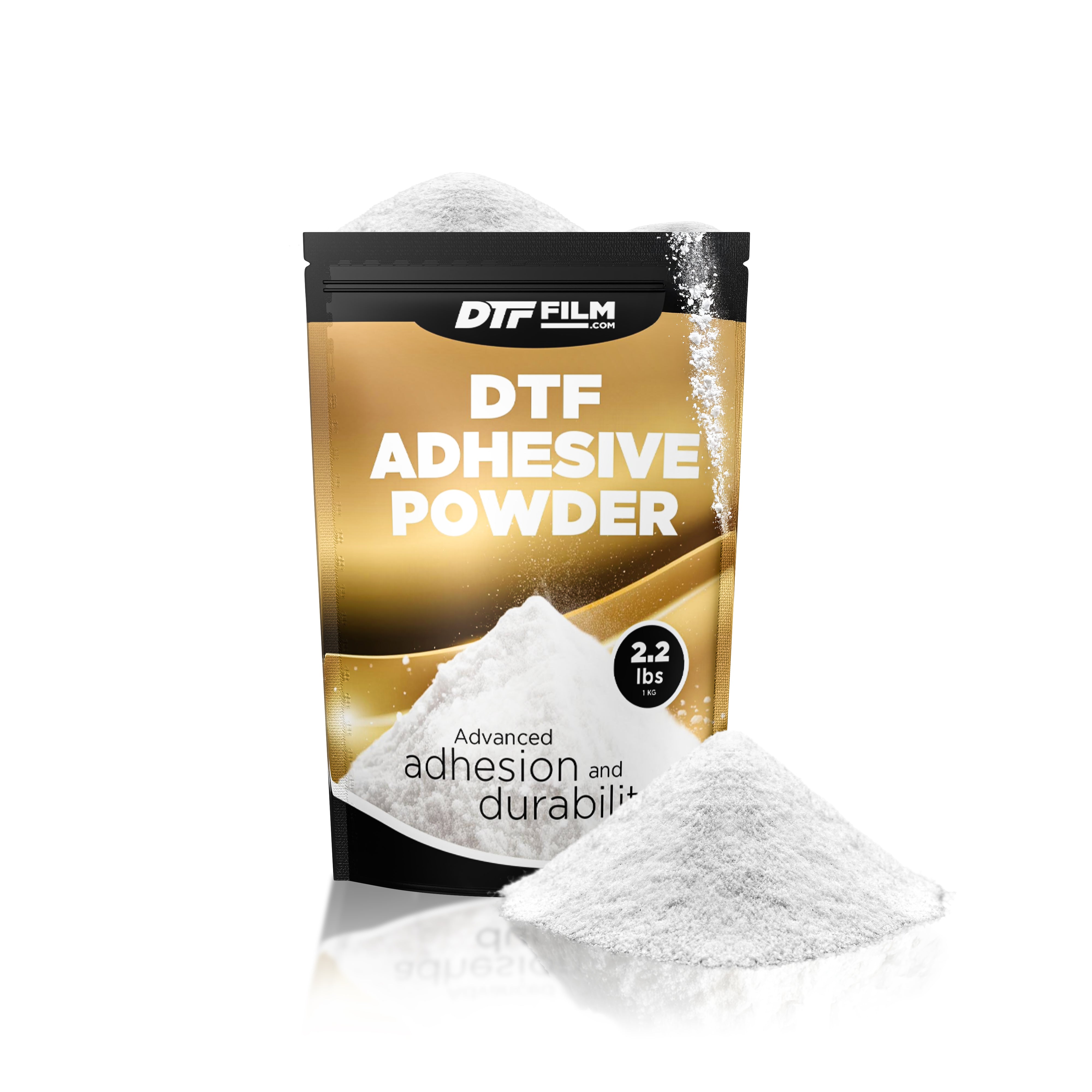 DTF Adhesive Powder packaging with white powder on a white background