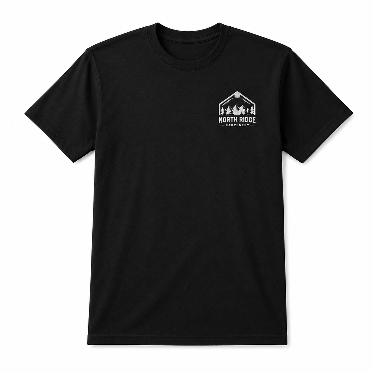 Black short sleeve t-shirt featuring a custom white printed North Ridge Carpentry house and mountain logo on the left chest.