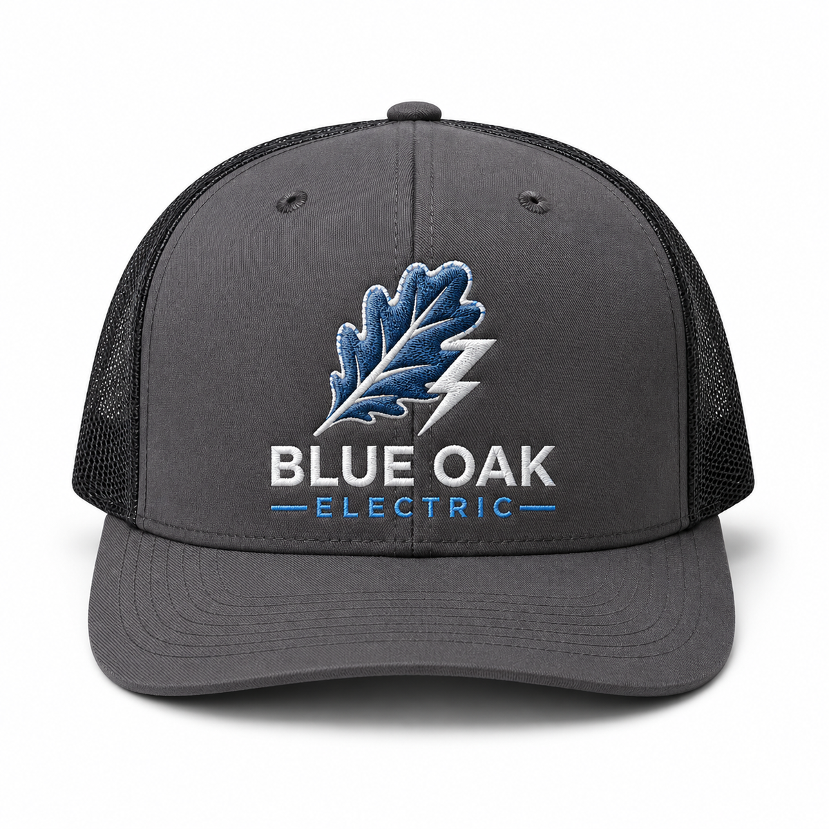 Custom embroidered dark gray mesh trucker hat with company logo for electrician workwear uniforms.