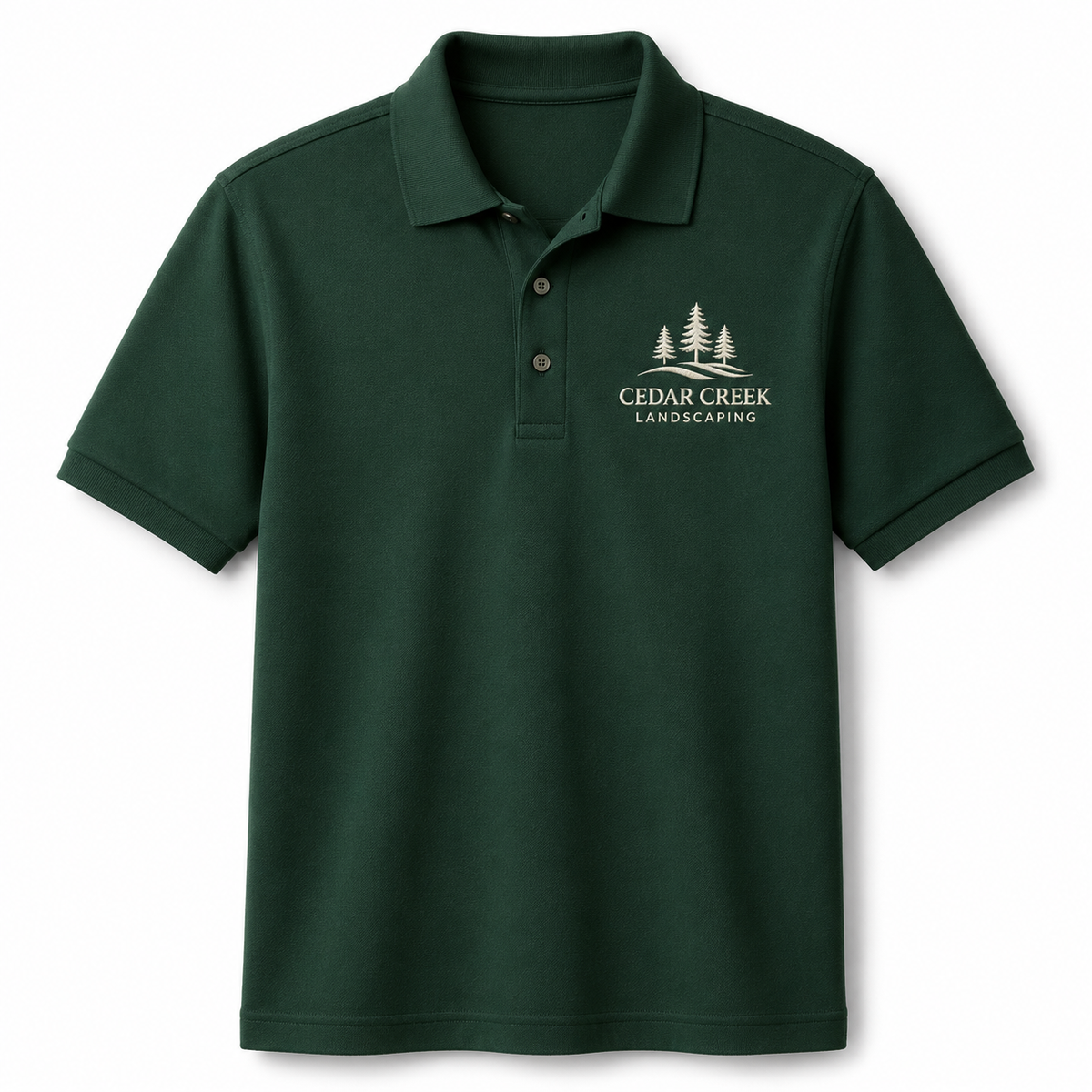 Custom embroidered dark green polo shirt with Cedar Creek Landscaping logo for business uniforms.