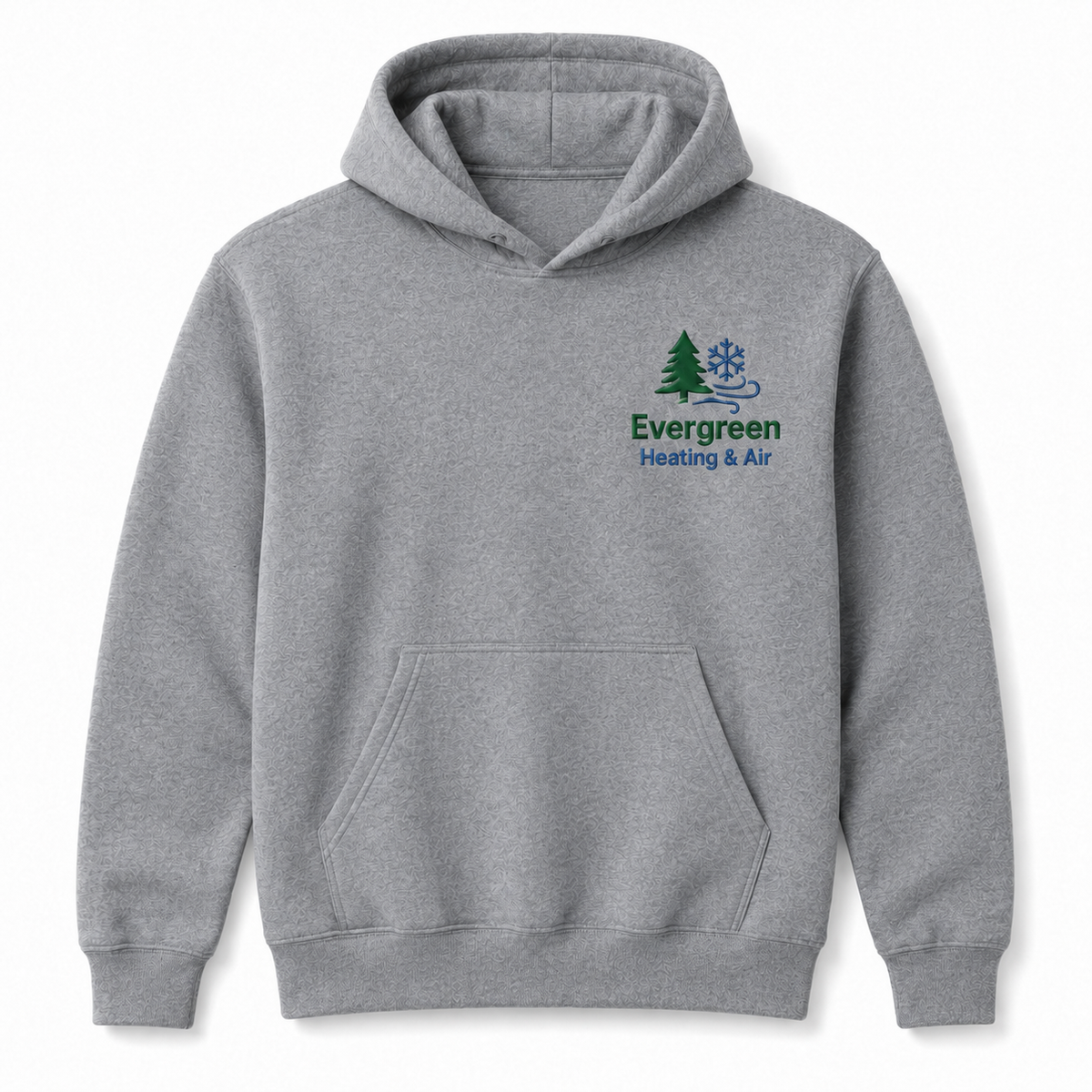 Heather gray pullover hoodie with front pouch pocket featuring custom embroidered Evergreen Heating & Air green tree and snowflake logo.