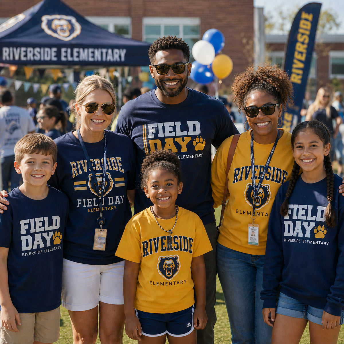 Students and staff wearing custom printed school spirit wear and Field Day apparel outdoors.
